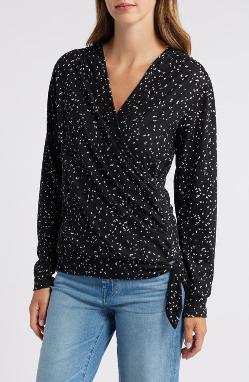 Loveappella Dot Print Faux Tie Wrap Top In Black/ Nat