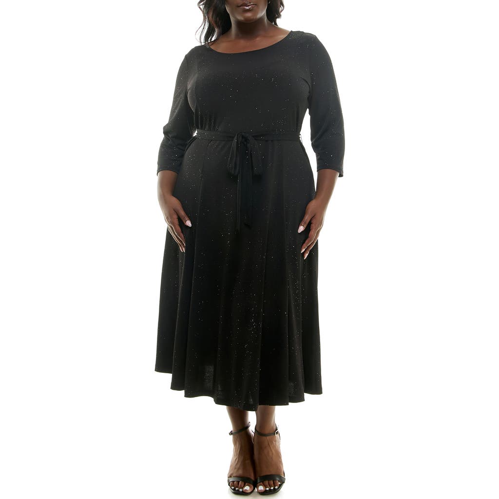 Nina Leonard Sylvia Glitter Midi Dress In Black/silver