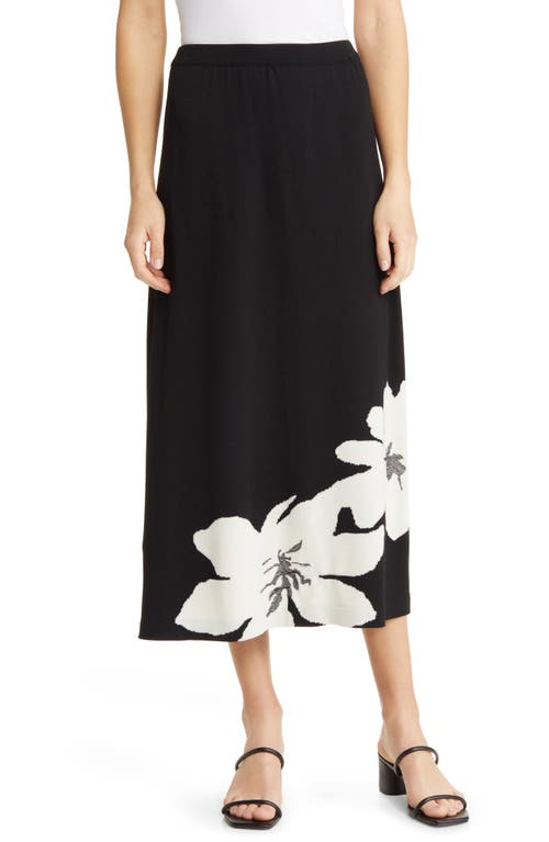 Ming Wang Contrast Floral Knit Skirt in Black/White