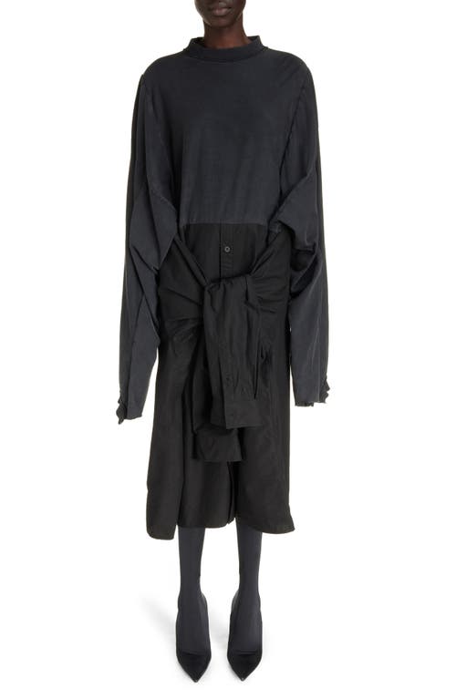 Balenciaga Patched Mixed Media Long Sleeve Cotton T-Shirt Dress Black at Nordstrom,