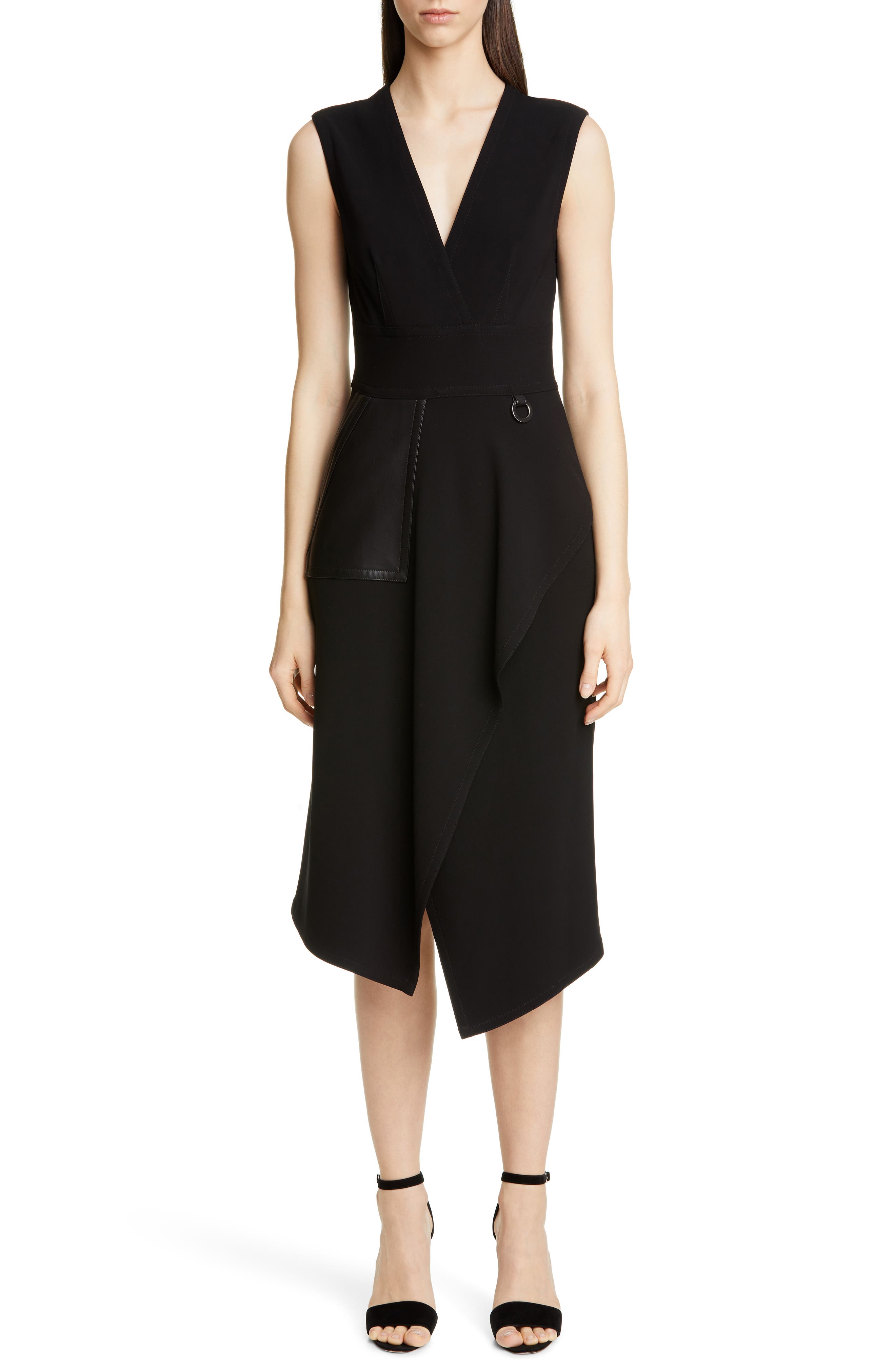 Yigal Azrouel Leather Pocket Mechanical Stretch Midi Dress, Black