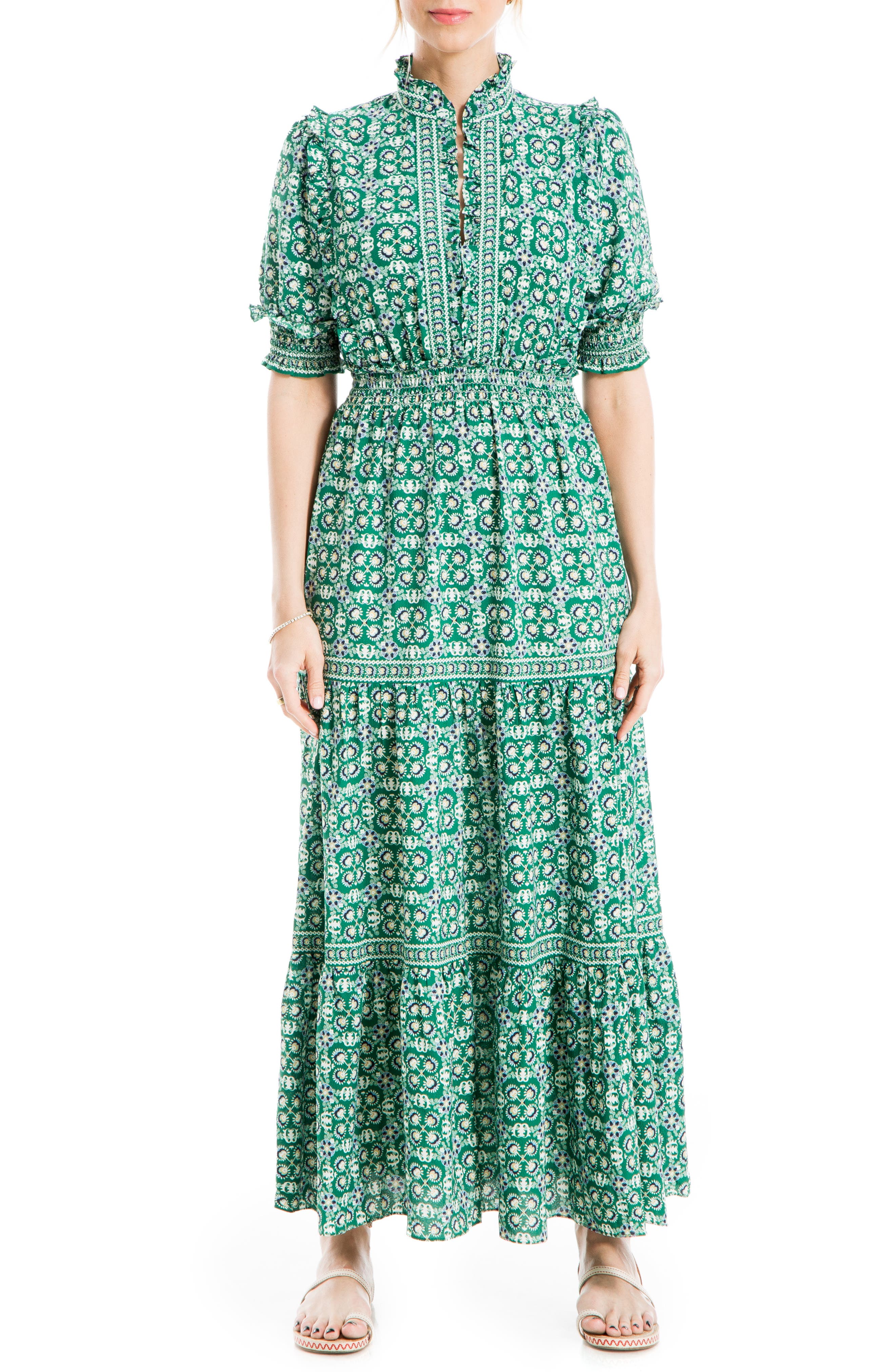 Retro Unique Layered Print Contrast Ruffle Trim Maxi Dress