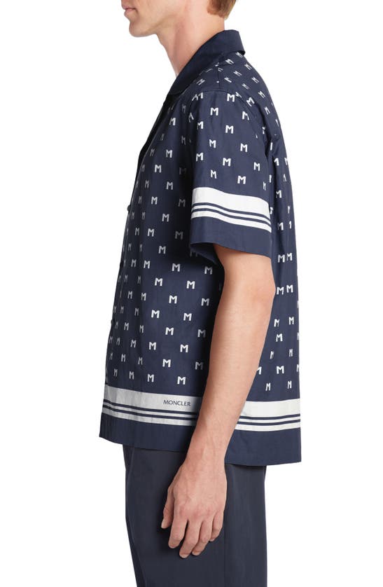 Shop Moncler Logo Short Sleeve Cotton Poplin Button-up Shirt In Navy