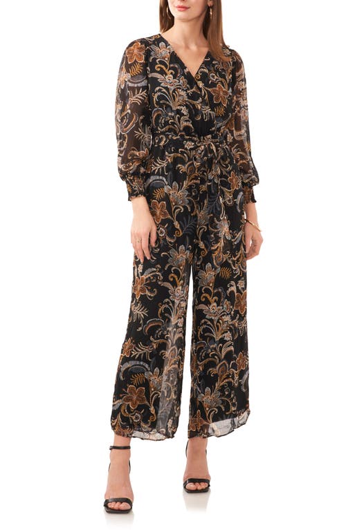Vince Camuto Paisley Long Sleeve Chiffon Jumpsuit in Rich Black at Nordstrom, Size Large