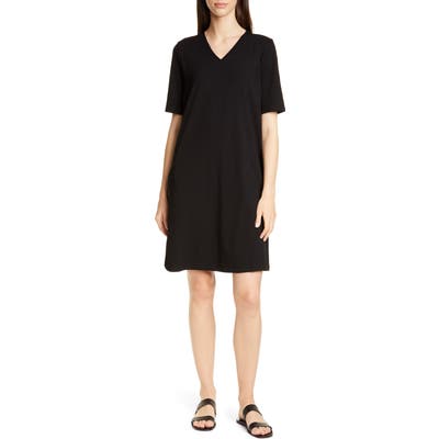 Petite Eileen Fisher Stretch Cotton A-Line Dress, Black