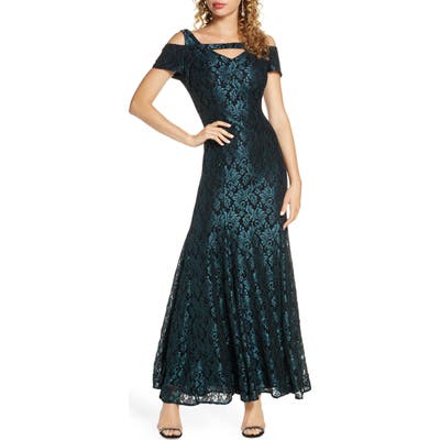 Morgan & Co. Lace Cold Shoulder Trumpet Gown, Green
