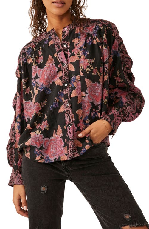 Free People Maraya Floral Print Cotton Button-Up Blouse in Black Combo at Nordstrom, Size Small