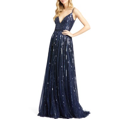 MAC Duggal Sequin Stripe Gown, Blue