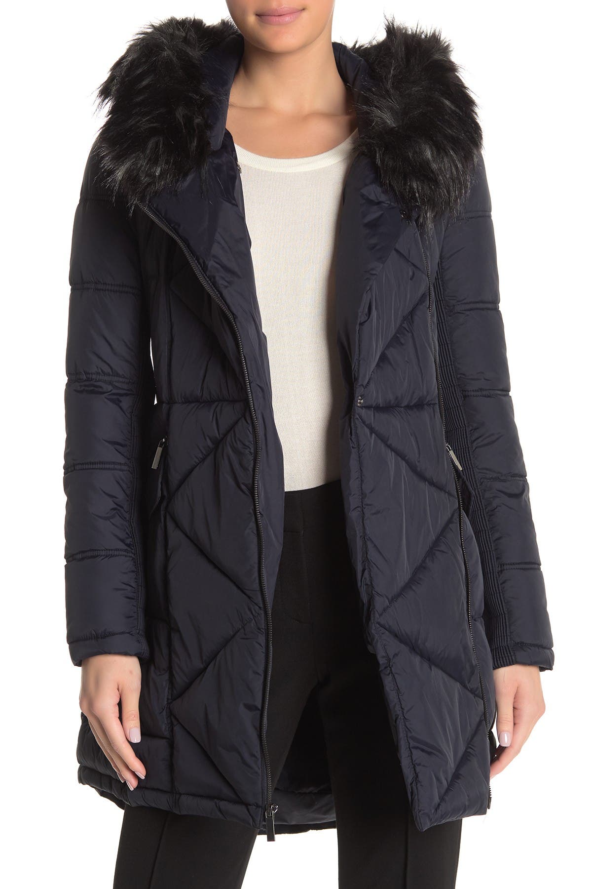 french connection women's down coat with faux fur hood