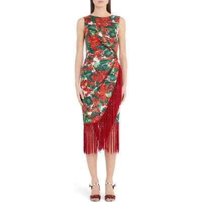 Dolce & gabbana Geranium Print Fringe Trim Midi Dress, US / 42 IT - Red