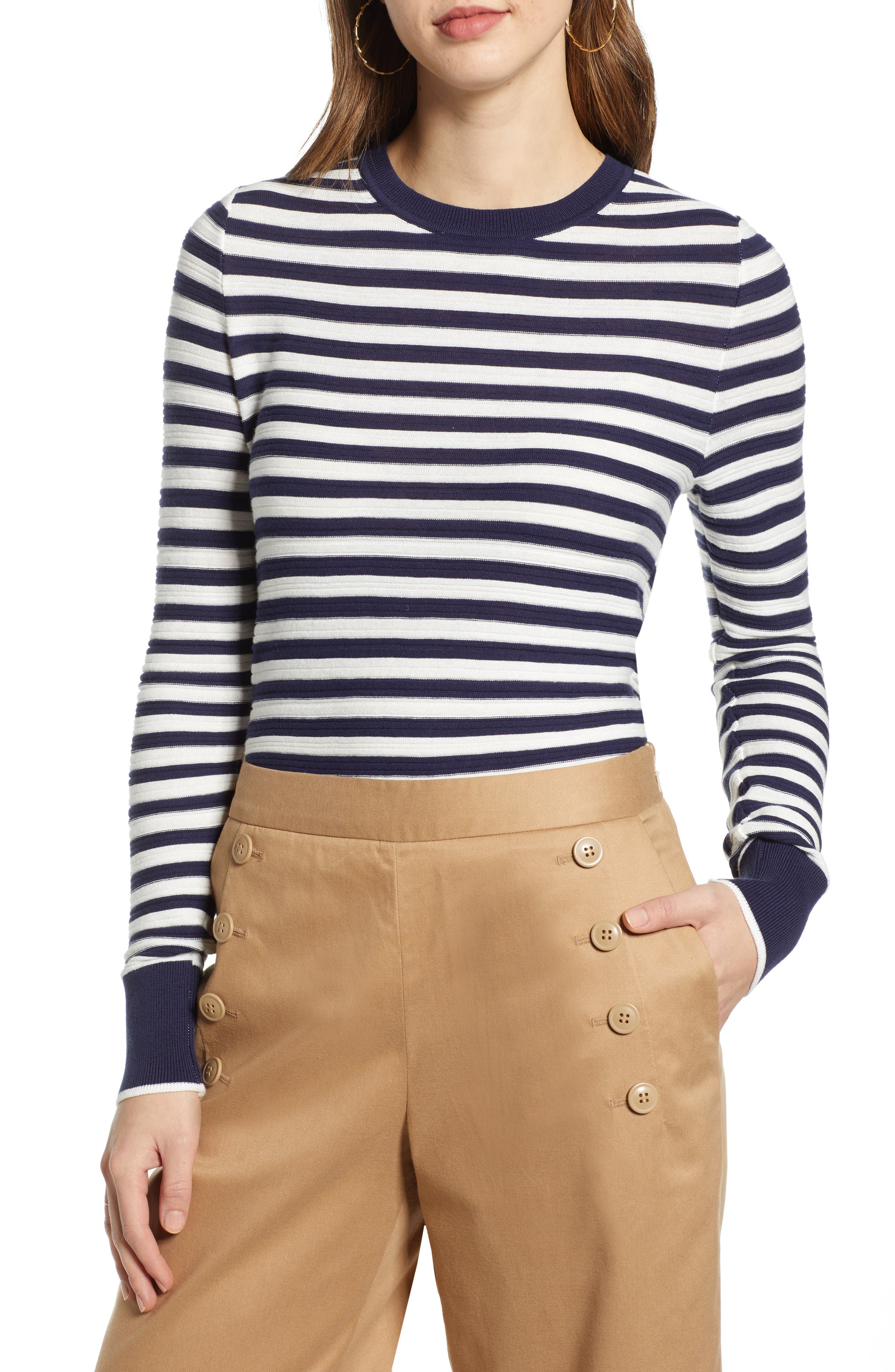 1901 Stripe Long Sleeve Cotton Sweater, Blue