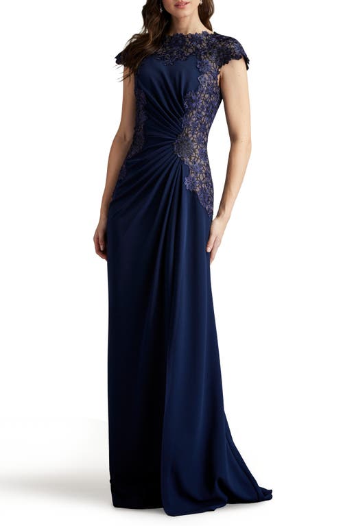 Tadashi Shoji Embroidered Side Ruched Cap Sleeve Gown In Midnight