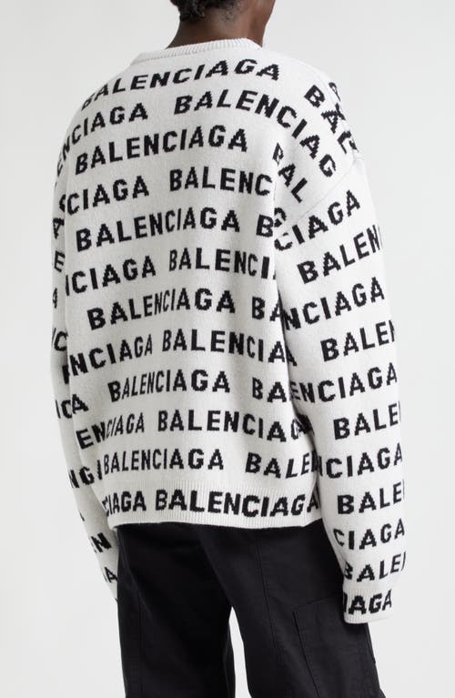 Shop Balenciaga Allover Logo Wool Blend Crewneck Sweater In White/black