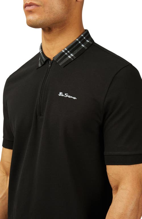 Shop Ben Sherman Plaid Collar Organic Cotton Piqué Zip Polo In Black