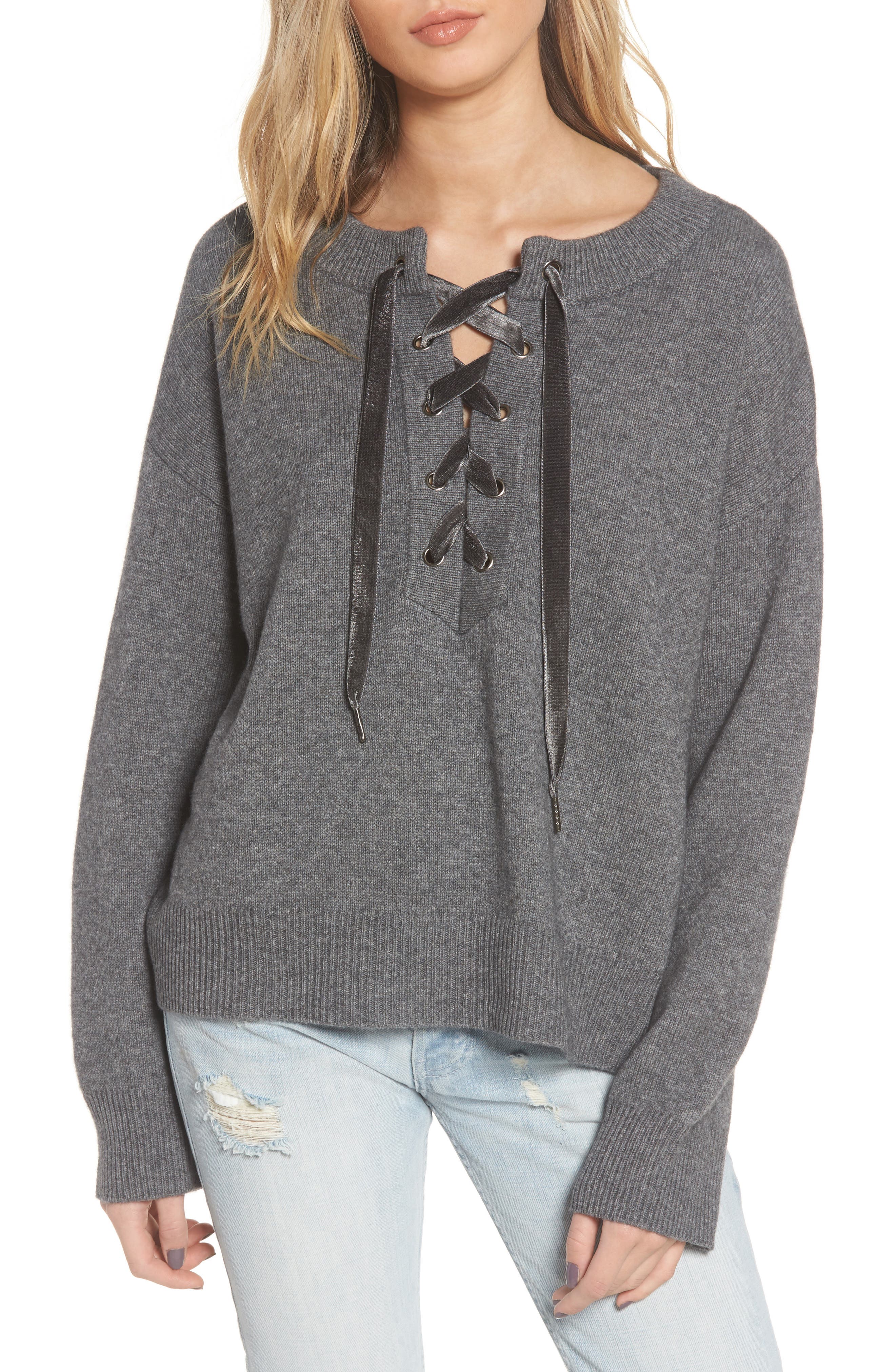 Rails Olivia Wool & Cashmere Lace-Up Sweater, Grey