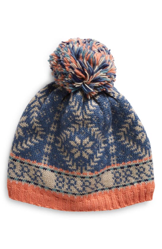 French Knot Nordic Print Pompom Wool Beanie In Blue