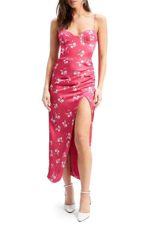 Amika Floral Print Satin Midi Dress in Hot Pink Floral