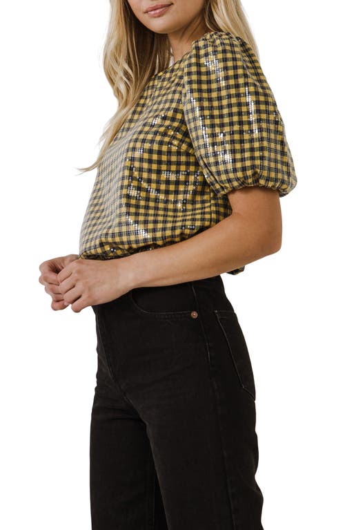 Shop English Factory Sequin Gingham Top In Yellow/navy