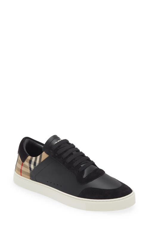 Burberry Black Sneakers With Suede Details And Check Motif In Leather Blend Man In Black/arbeige Ip Chk