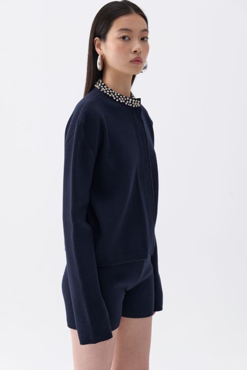 Shop Nocturne Shiny Stone Collar Cardigan In Navy Blue