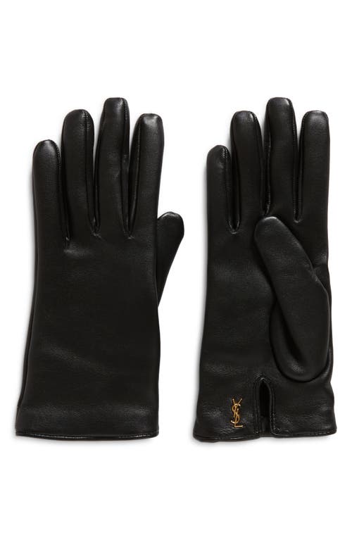 Saint Laurent Cassandre Logo Cashmere Lined Leather Gloves In Black/gold