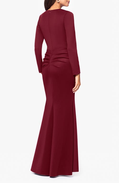 Shop Xscape Evenings Side Ruffle Long Sleeve Scuba Gown In Wine