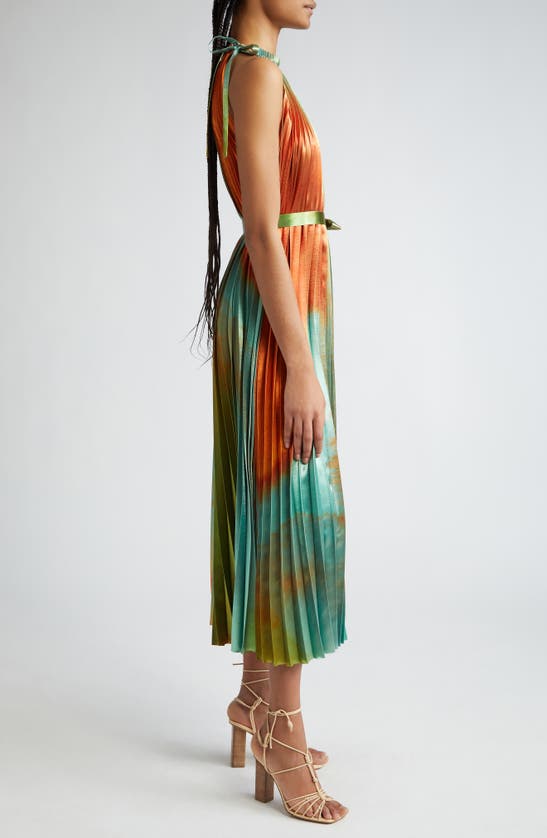 Shop Ulla Johnson Amiko Ombré Print Pleated Satin Midi Dress In Desert Topaz