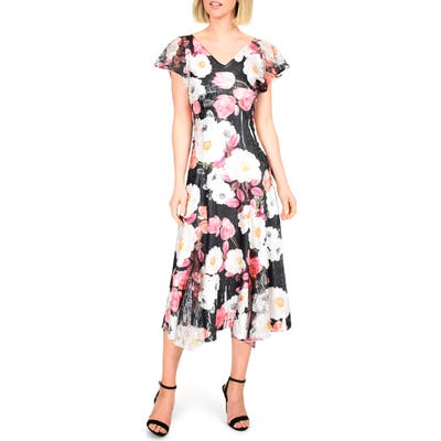 Komarov Floral Charmeuse & Lace Midi Dress, Black