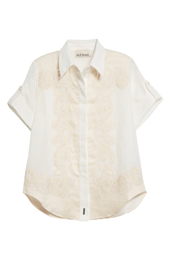 Alemais Burning Love Linen Appliqué Ramie Short Sleeve Shirt In Porcelain