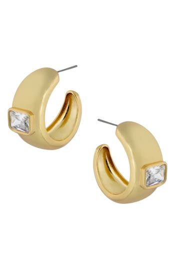 Shop Cz By Kenneth Jay Lane Cz Emerald Cut Inlay Wide Hoop Earrings In Clear/gold