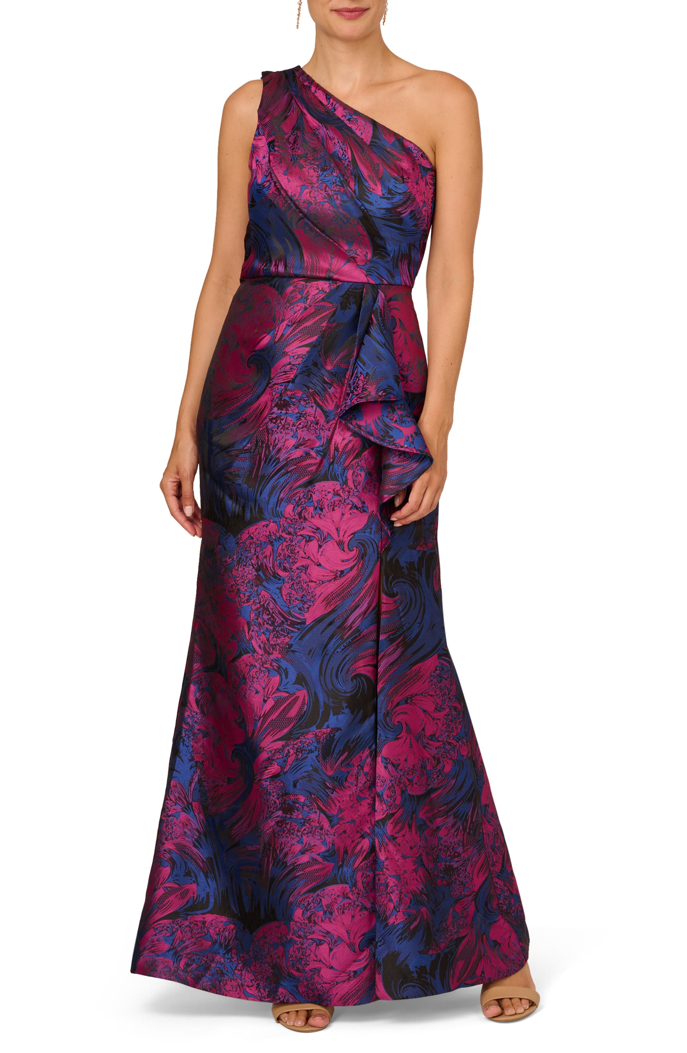 Adrianna Papell One-Shoulder Jacquard Gown in Navy/Orchid | Smart Closet