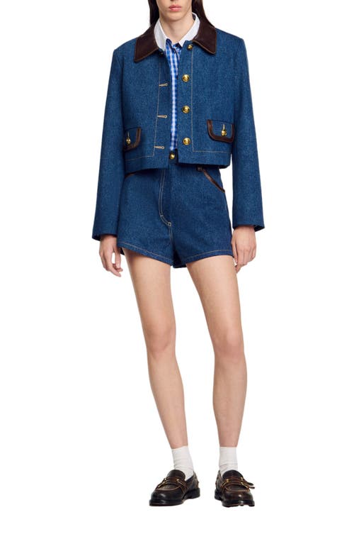 Shop Sandro Denim Jacket With Leather Collar In Blue