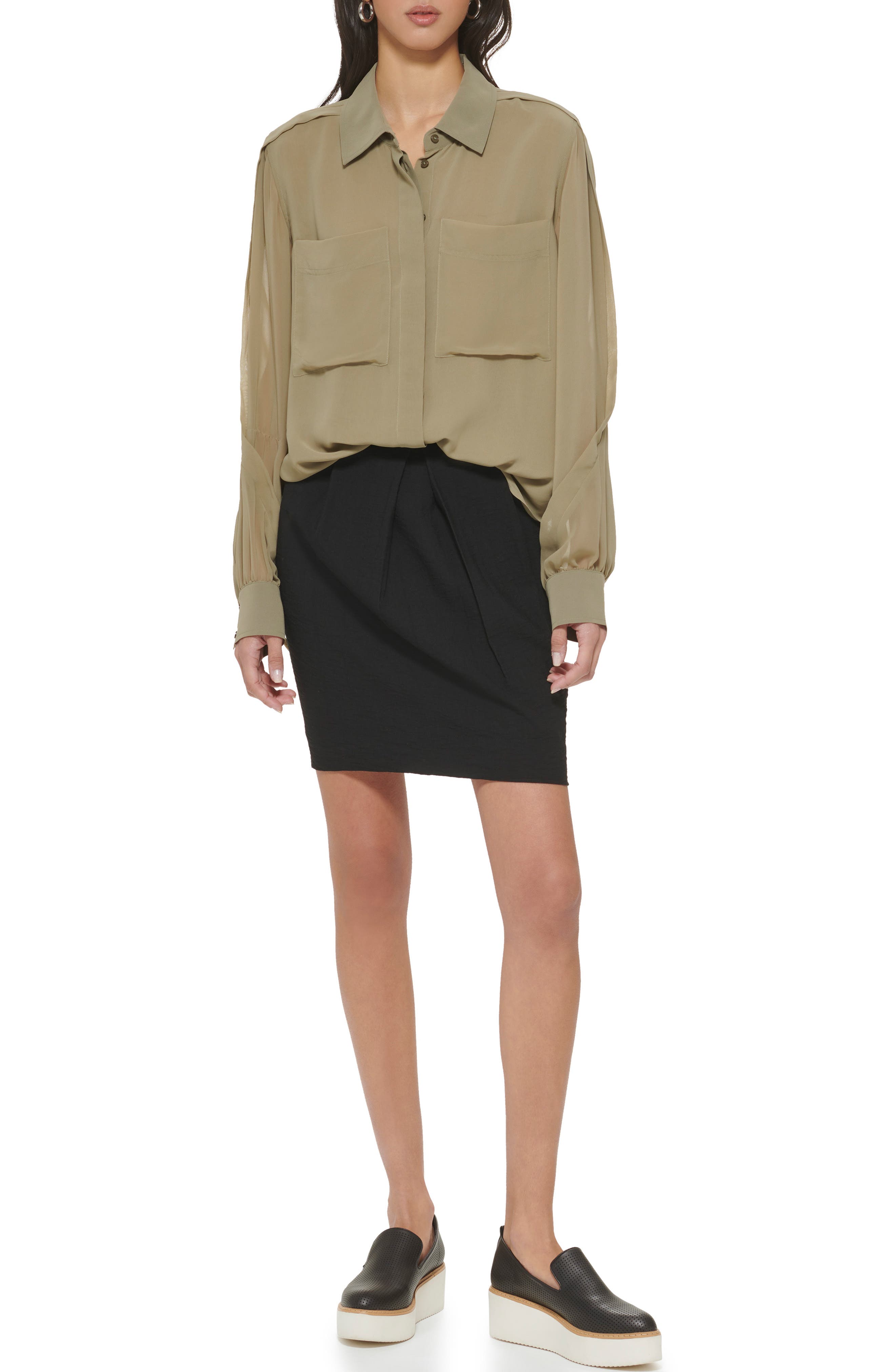 DKNY Long Sleeve Chiffon Button-Up Top in Light Fatigue