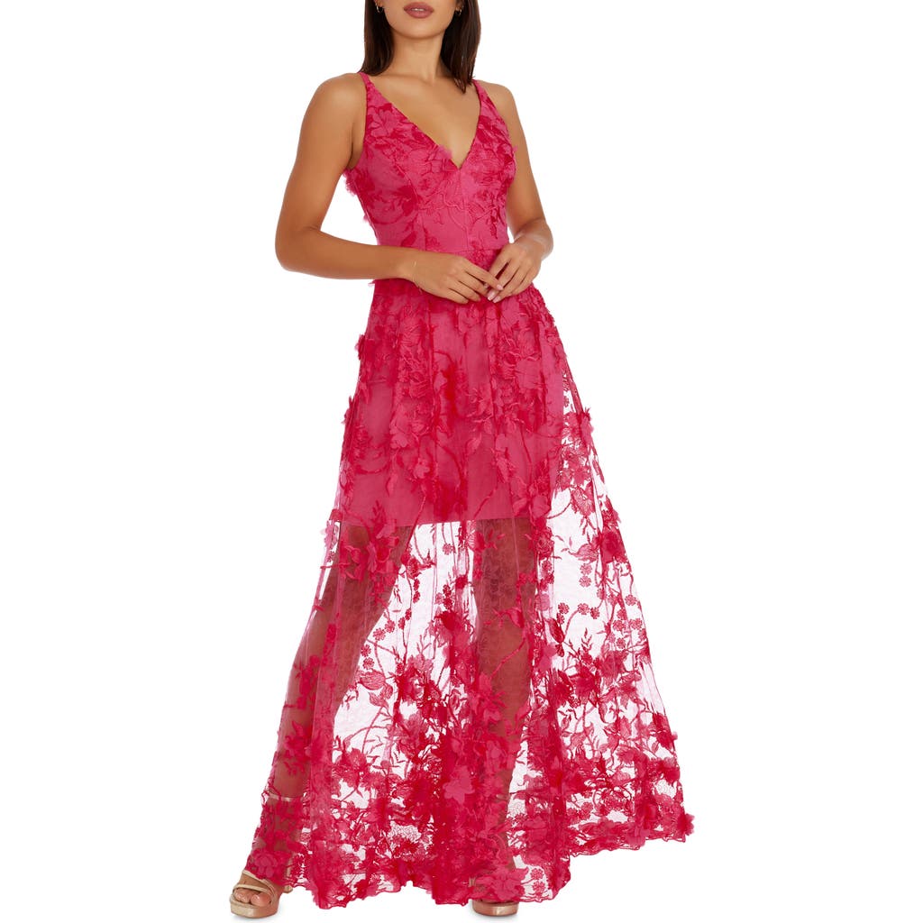 Shop Dress The Population Sidney Deep V-neck 3d Lace Gown In Begonia