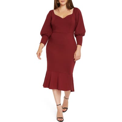 Plus Size Eloquii Long Sleeve Ponte Sheath Dress, Burgundy
