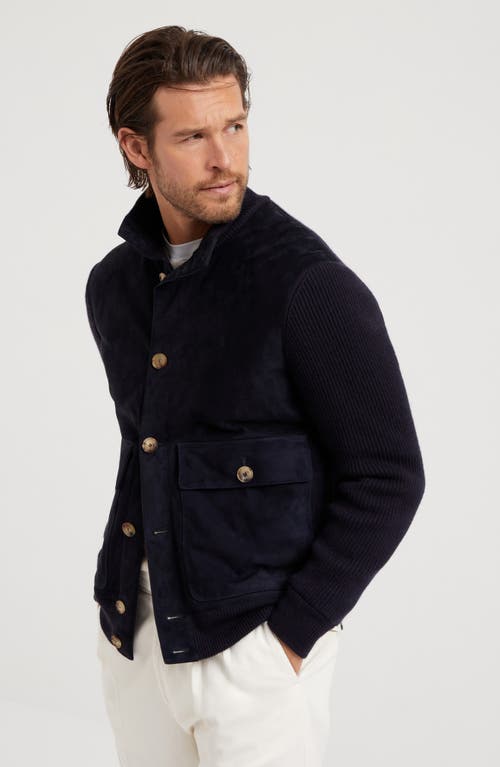 Shop Brunello Cucinelli Suede And Knit Outerwear Jacket In Navy Blue