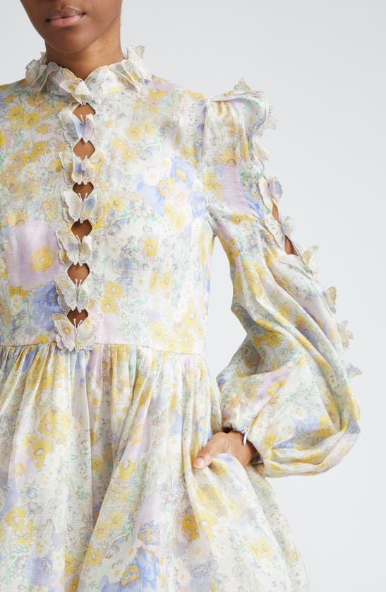 Shop Zimmermann Butterfly Embellished Long Sleeve Linen & Silk Minidress In Blue Meadow