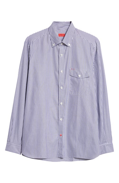 Shop Isaia Stripe Button-down Shirt In White/navy