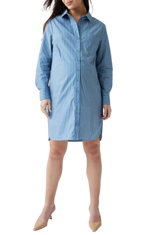 ® Ingrid & Isabel Stripe Long Sleeve Cotton Poplin Maternity Shirtdress in Blue/White Stripe
