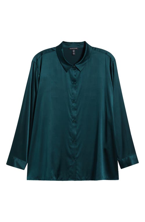 Shop Eileen Fisher Classic Collar Stretch Silk Button-up Shirt In Fir