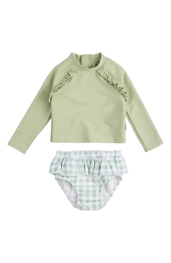 Shop Petit Lem Ruffle Long Sleeve Two-piece Rashguard Swimsuit In Green