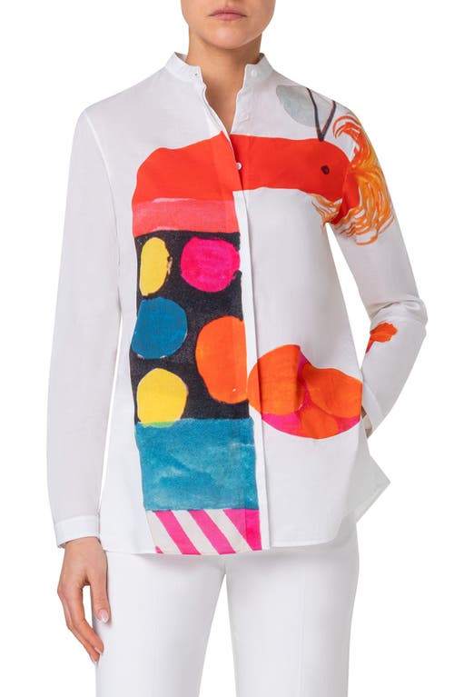 Akris Rooster Print Band Collar Button-Up Tunic Shirt Ecru-Multicolor at Nordstrom,