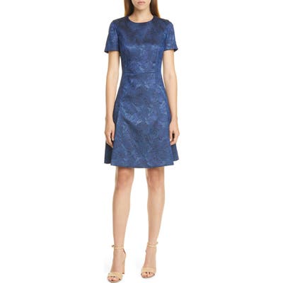 Boss Dargy Jacquard Short Sleeve A-Line Dress, Blue