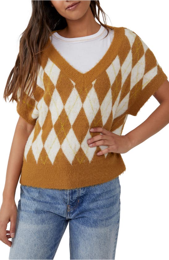 Free People Through The Motions Short Sleeve Sweater In Tiger Eye Combo