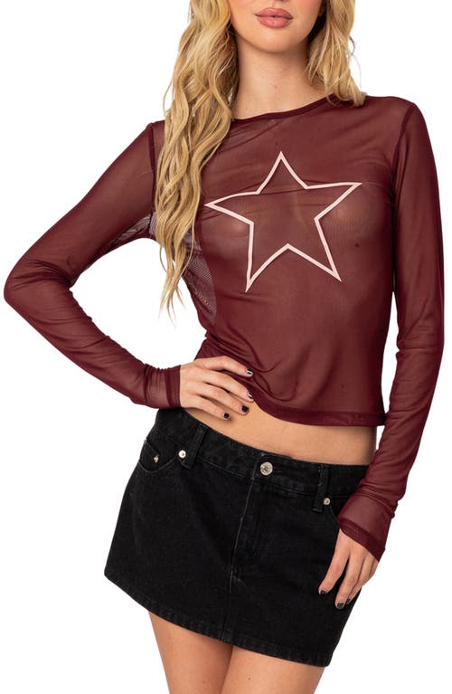 EDIKTED Stargaze Sheer Mesh Top Burgundy at Nordstrom,