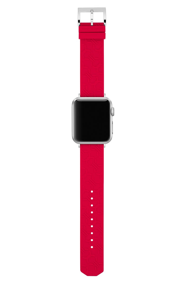 TORY BURCH Double-T Link Embossed Silicone Apple Watch<sup>®</sup> Strap, Main, color, RED