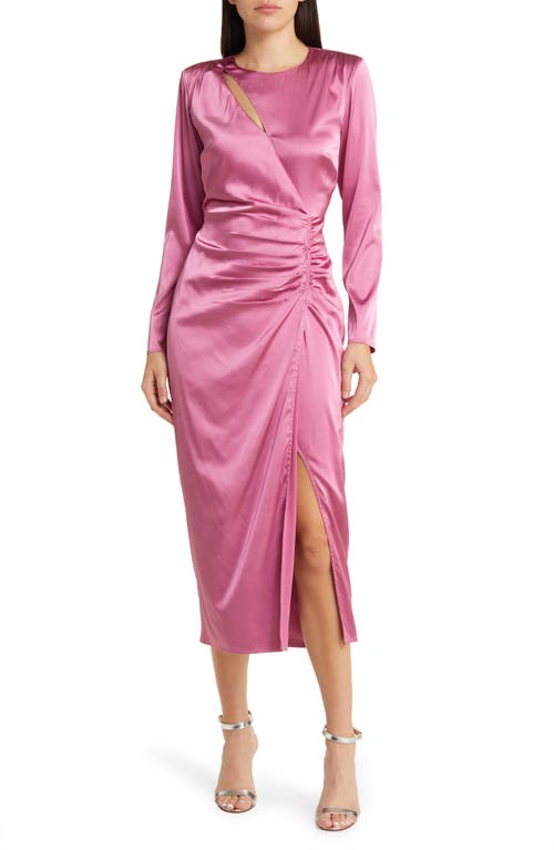 Side Ruched Long Sleeve Satin Midi Dress in Orchid
