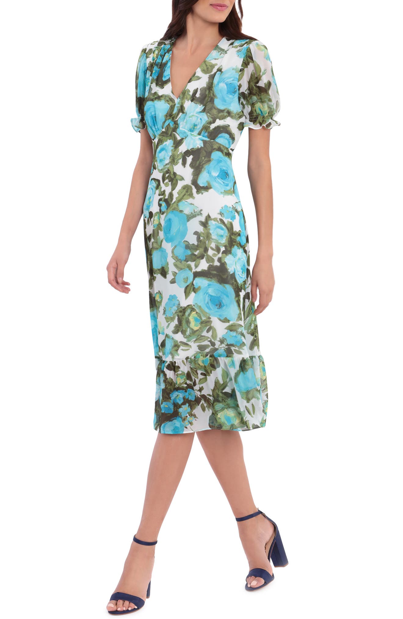 London Times Floral Puff Sleeve Empire Waist Flounce Midi Dress In White/ aqua | ModeSens London Times Floral Puff Sleeve Empire Waist Flounce Midi Dress In White/ aqua | ModeSens