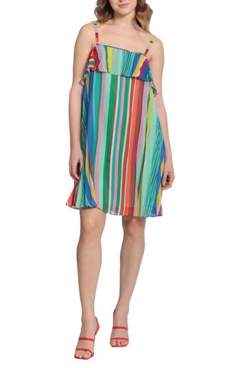 Shop Donna Morgan Stripe Pleated Shift Dress In Cream/aqua Green