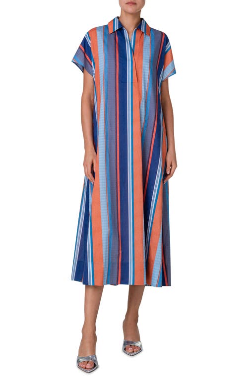 Akris punto Multistripe Polo Placket Cotton Midi Dress Denim-Multicolor at Nordstrom,